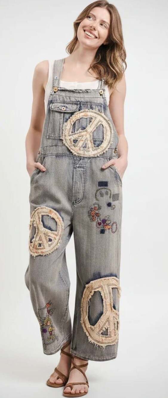 Blue Velvet Peace Patch & Floral Embroidered Denim Overalls - Picture 1 of 5